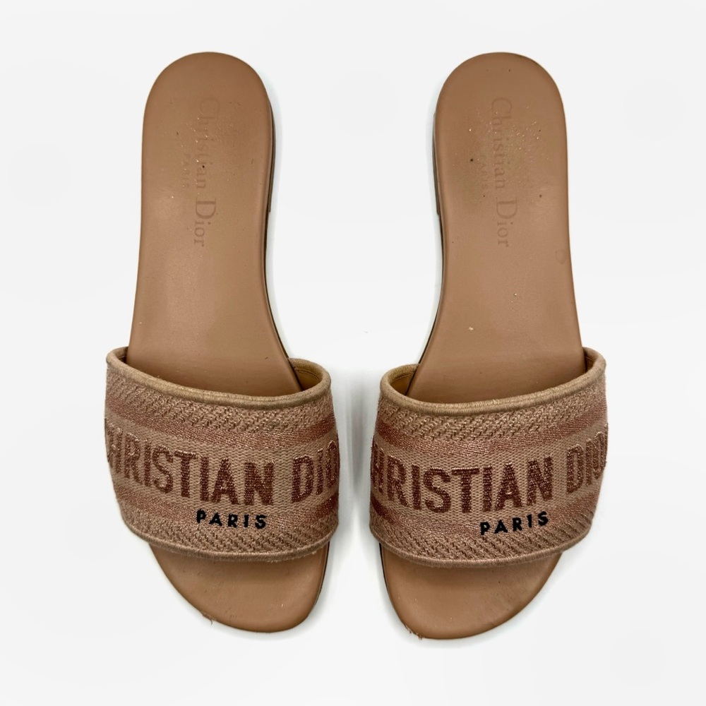 Christian Dior Pink Beige Dway Logo Canvas Embroidered Flats Sandal Shoes